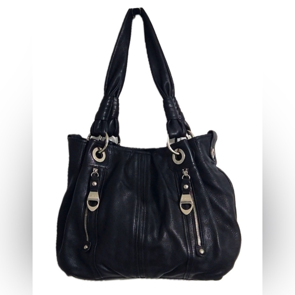 b. makowsky Black Pebble Leather Satchel Purse Designer Trendy Must have